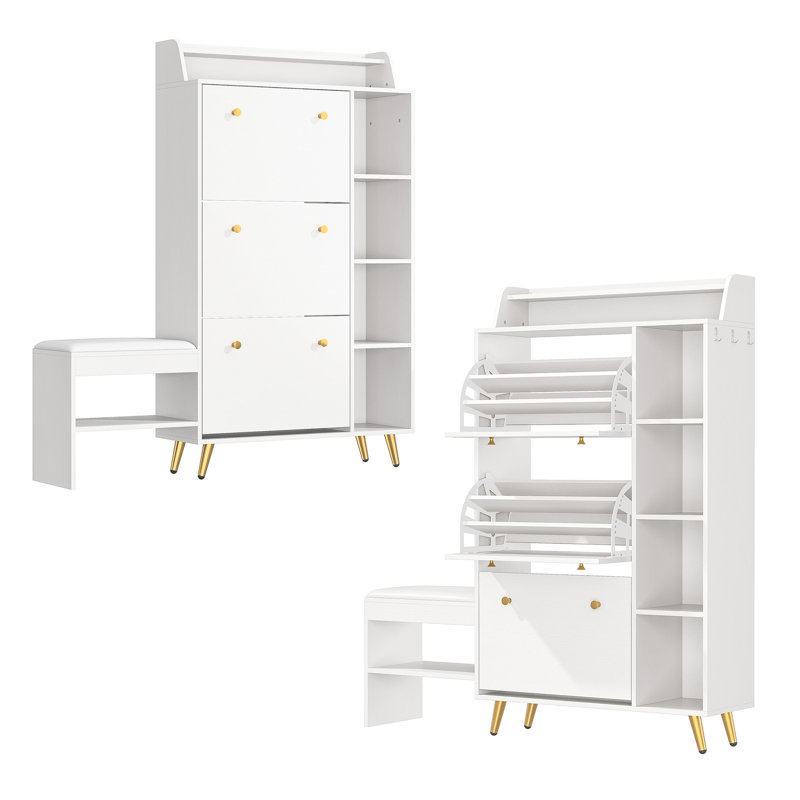 All-In-One Shoe Storage Cabinet And Shoe-Changing Bench With Hidden Storage And Display Shelves, White