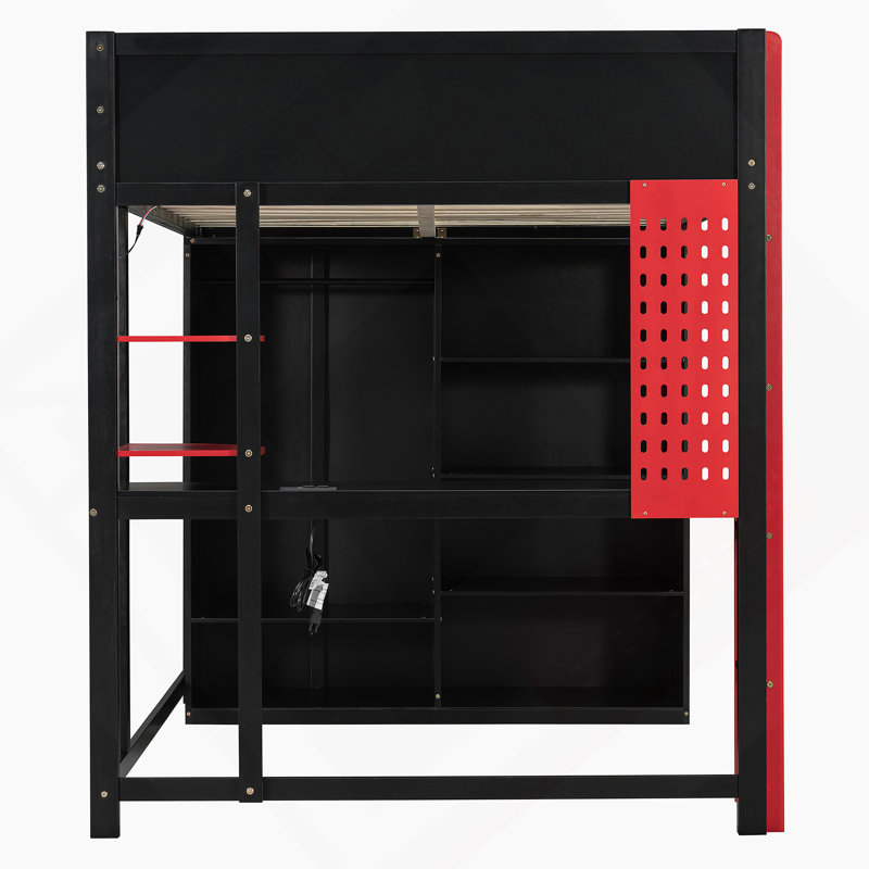 Lit mezzanine en bois pleine grandeur avec bureau, garde-robe ouverte et lumière RVB, rouge