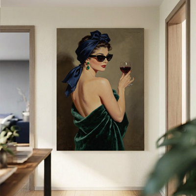 1Pc Framed Canvas Poster Print Elegant woman in green velvet, holding wine glass, Art Deco oil painting style. Wall Art Decor, Perfect for Room Decor Living Room Bedroom Office Kitchen Bathroom Home Decor, Ideal Home Wall Decoration Gift, 2D Flat