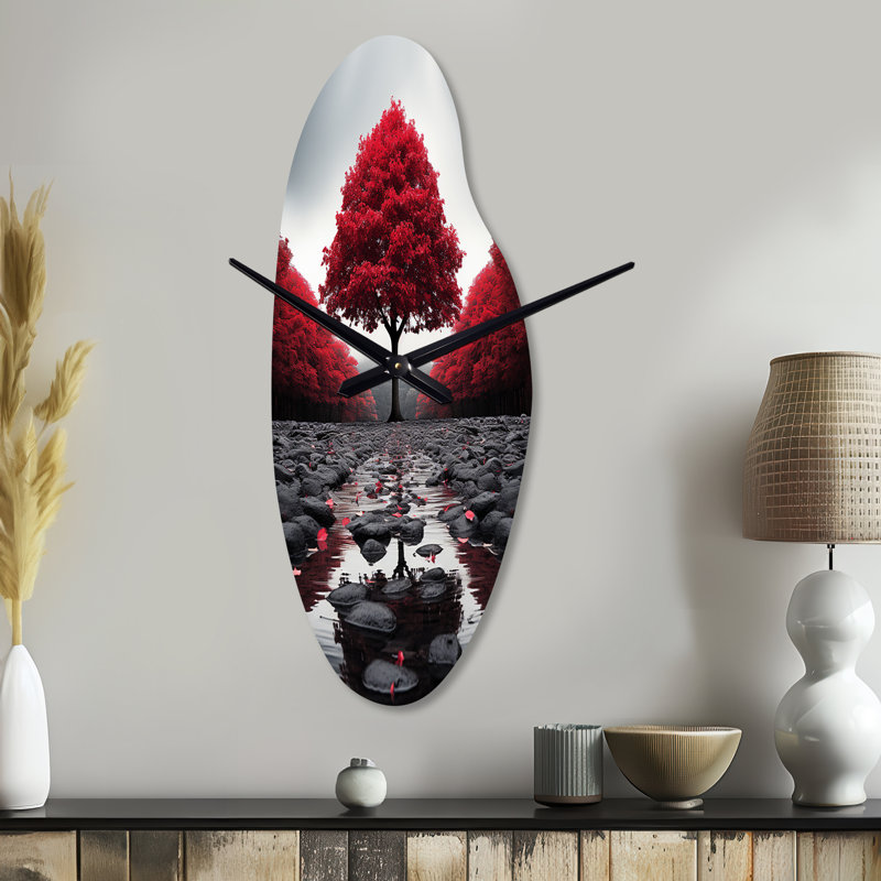 Red And Grey Forest Serenity - Forest Asymmetrical Metal Clock, Red Curved Metal Clock Print, Large