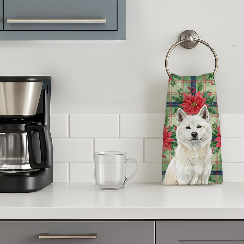 White Akita Christmas PoinsettIas Kitchen Towel, White Akita