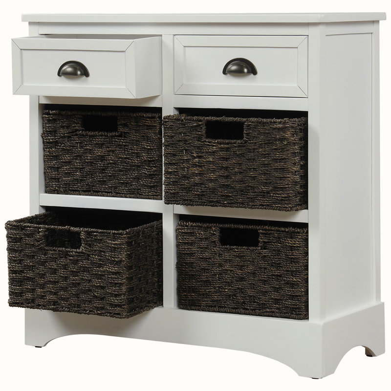 Bueno Wood  Storage Cabinet with Two Drawers and Four Classic Rattan Basket, White