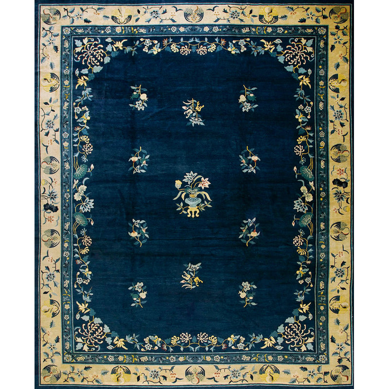 Tapis bleu antique antique floral des années 1920