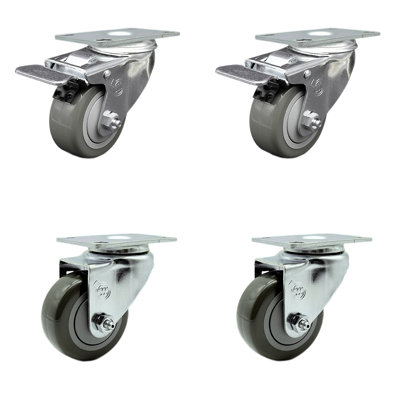 3 Inch SS Gray Polyurethane Top Plate Caster Set 2 Total Lock Brakes SCC