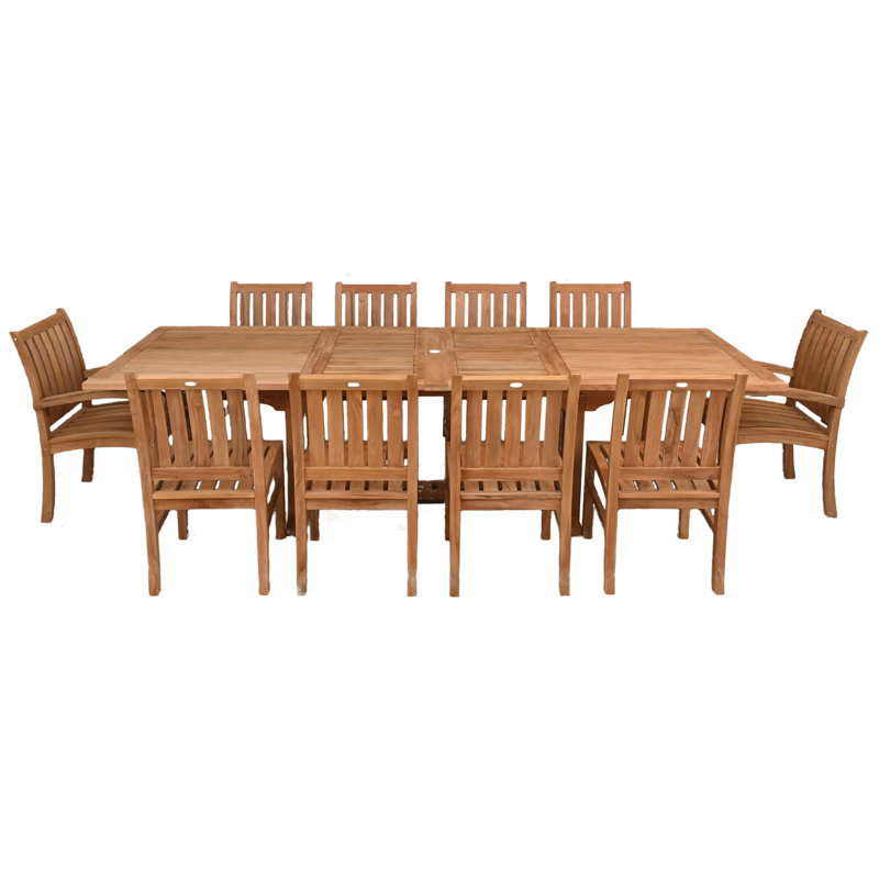 11 Piece Teak Wood Dining Set Including Rectangular Double Extension Table With 2 Abacho Arm Chairs & 8 Side Chairs