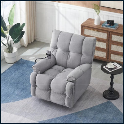 Modern Teddy Fabric Single Accent Chair – Gray, 150° Adjustable Back, Built-in Phone Holder, Ideal for Small Living Rooms &amp; Corners