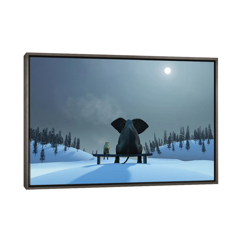 Éléphant et chien à Noël, Pas de tapis, H 26 po x l 40 po x P 1,5 po, Encadrement en bois foncé rustique