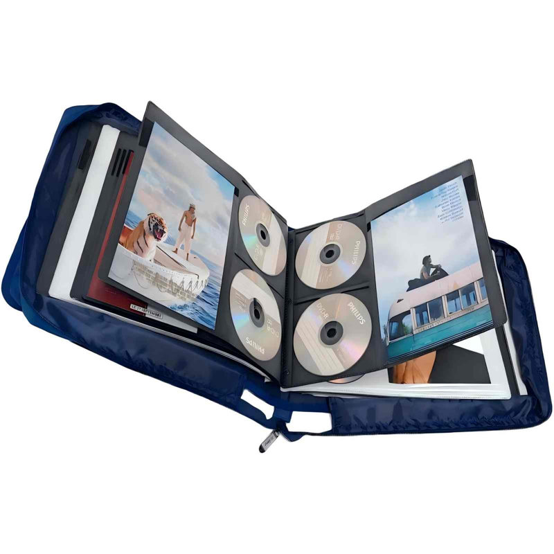 Étui de rangement pour DVD et CD avec pages de titre extra larges pour films Blu-ray, musique et disques audio (classeur de transport portable, album, organisateur de maison) - Bleu, 192 emplacements pour disques, 96 pochettes pour livrets