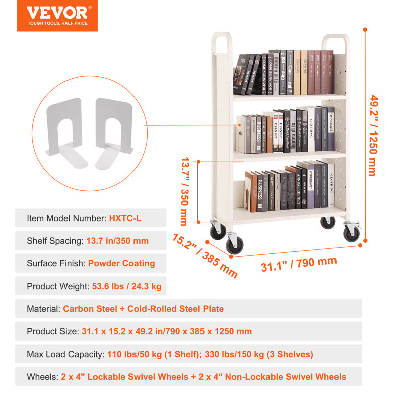 White Carbon Steel Rolling Library Book Cart with Lockable Wheels