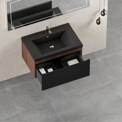 Meuble-lavabo flottant de 30 po avec lavabo à sable en quartz noir, meuble-lavabo en noyer fumé, tiroirs à texture ondulée, rails tampons silencieux, lavabo facile à installer et à utiliser, finition, fonction de fermeture en douceur, entièrement