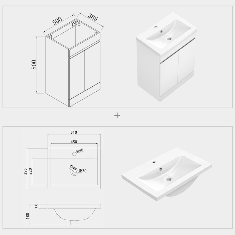 500mm Single Bathroom Vanity with Drop In Ceramic Basin, White