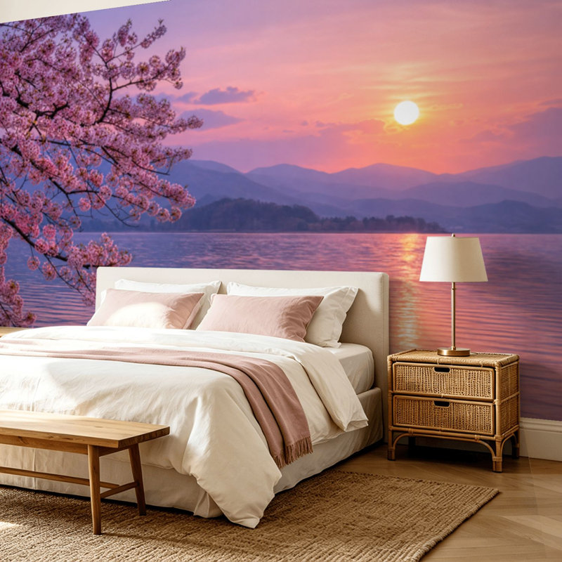 Papier peint adhésif pelez et collez branche de cerisier en fleurs rose coucher de soleil lac pleine lune réflexion lointaine art mural auto-adhésif et amovible
