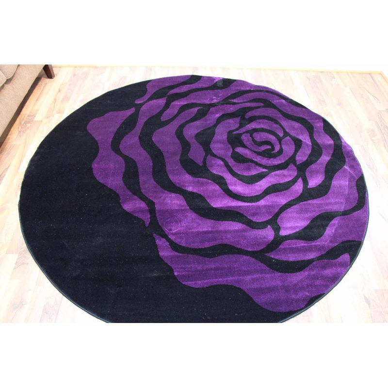 Tapis mauve / noir à motif floral, Rond 6 pi 5 po
