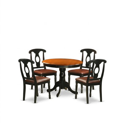 Ensemble de salle à manger rond 5 pièces en bois d'hévéa couleur cerisier babeurre avec 4 chaises de salle à manger assises en simili cuir
