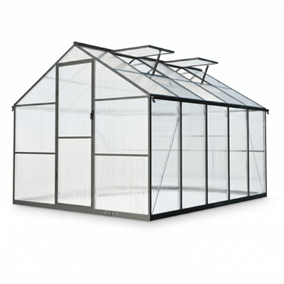 8' x 10' Heavy Duty Walk-In Outdoor Greenhouse, 4mm Twin-Wall Polycarbonate Garden House with 45 MPH Wind Resistant Aluminum Frame & Roof Vent