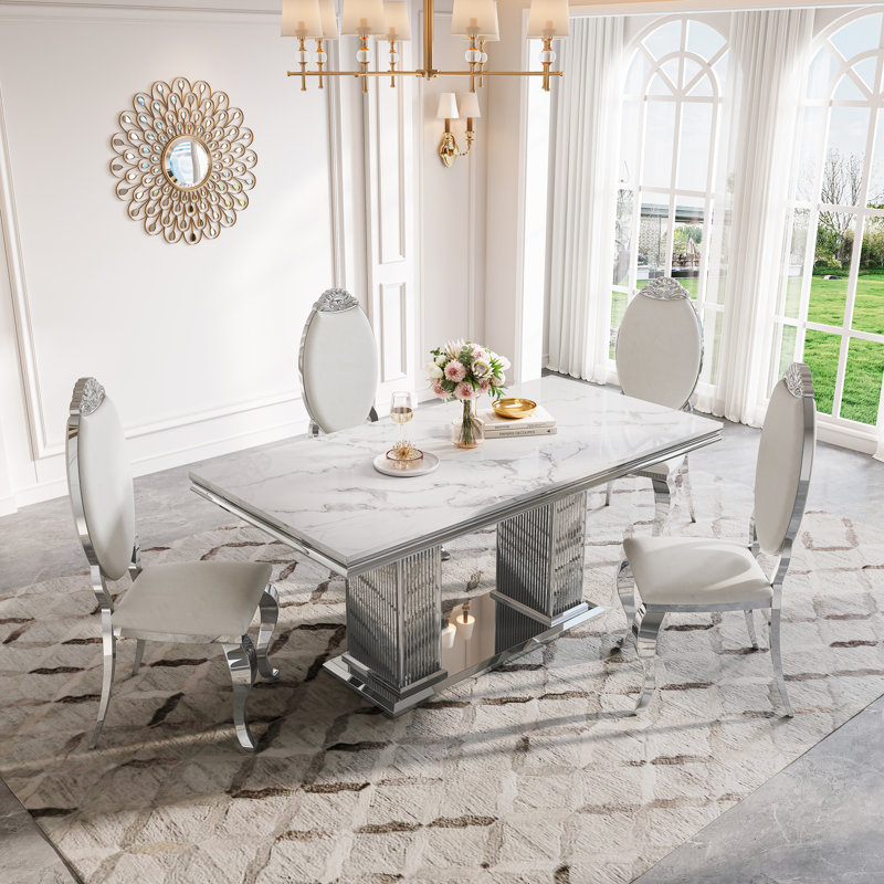 Metal Base Dining Table, White, Silver