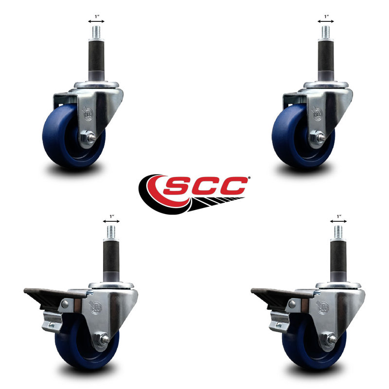 Solid Poly Wheel Swivel Expanding Stem Caster Set 2 Brakes SCC PLB 3" x 1"