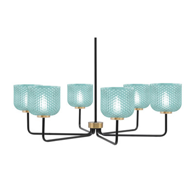 Lustre 6 lumières Amarmula, noir mat et laiton vieilli, verre texturé turquoise 6 po