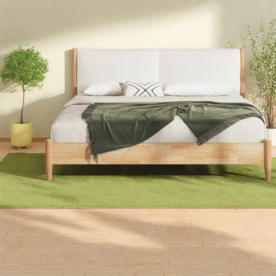 Modern King Beds, Natural Wood Frame White Upholstered Headboard Home