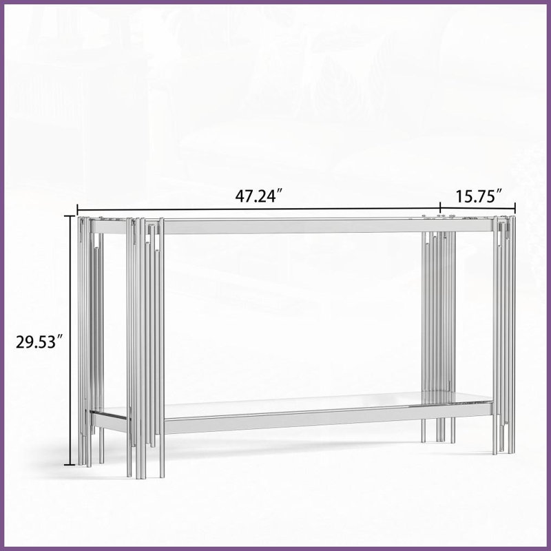 Table basse peu encombrante en verre trempé avec structure en acier inoxydable, facile à nettoyer, Clear, Argent argent
