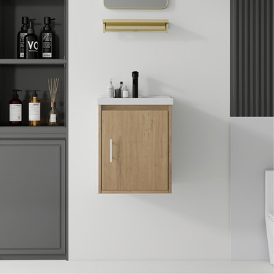Meuble-lavabo flottant 16 po avec lavabo, porte à fermeture en douceur, évier en céramique, contreplaqué, chêne