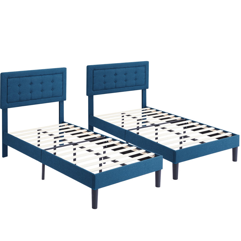 Scarpaci Twin Size Upholstered Bed Frame Set of 2, 2 Pieces Twin Platform Bed Frame with Adjustable Headboard, Wooden Slats Support, No Box Spring Needed, Noise-Free
