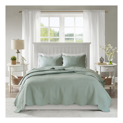 Ensemble de courtepointe réversible en microfibre à bordure festonnée 3 pièces - Lit double / grand, literie légère de style chalet avec rembourrage hypoallergénique, vert écume de mer
