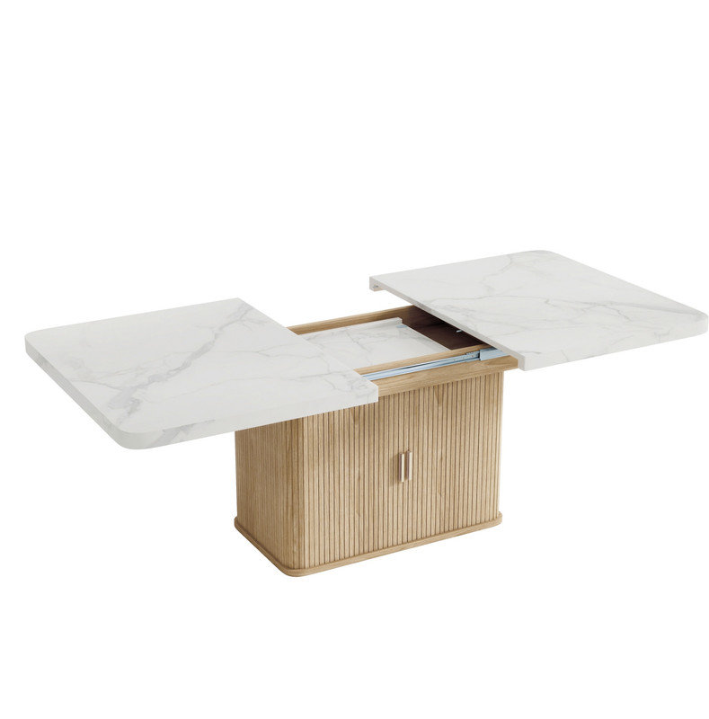 Extendable Dining Table with Storage Cabinet, 150-200 x 90 cm, 6-8 Seater Dining Room Table, 28 mm Marble Effect Tabletop, Fluted Pedestal Base with Cupboard Storage, Oak & Marble Effect