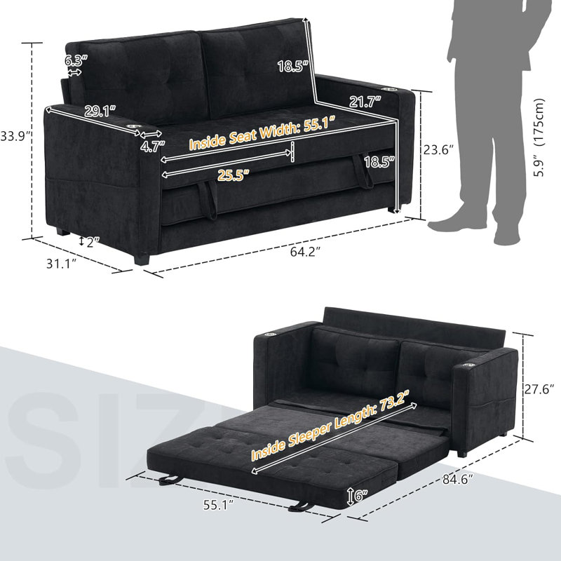 Deymi 64.2" Sleeper Sofa sofa bed, Black Linen