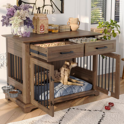 Grande table de bout pour chien 44,48 po, table de bout intérieure en bois pour chenil avec 2 tiroirs de rangement et bols rotatifs, cage décorative pour chien de taille moyenne, brun