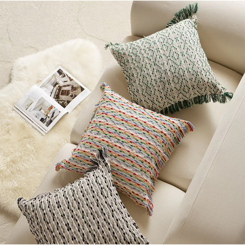 Multicolor Cotton Jacquard Striped Fringe Pillow Cover 18" x 18"