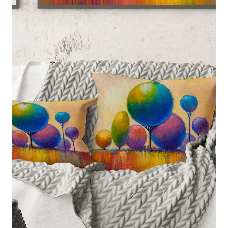 Carré, arbres décoratifs multicolores - coussin décoratif moderne imprimé, 18" x 18"