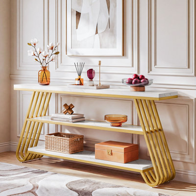 Console de 70,86 po pour entrée moderne avec plateau en faux marbre blanc, structure en métal doré