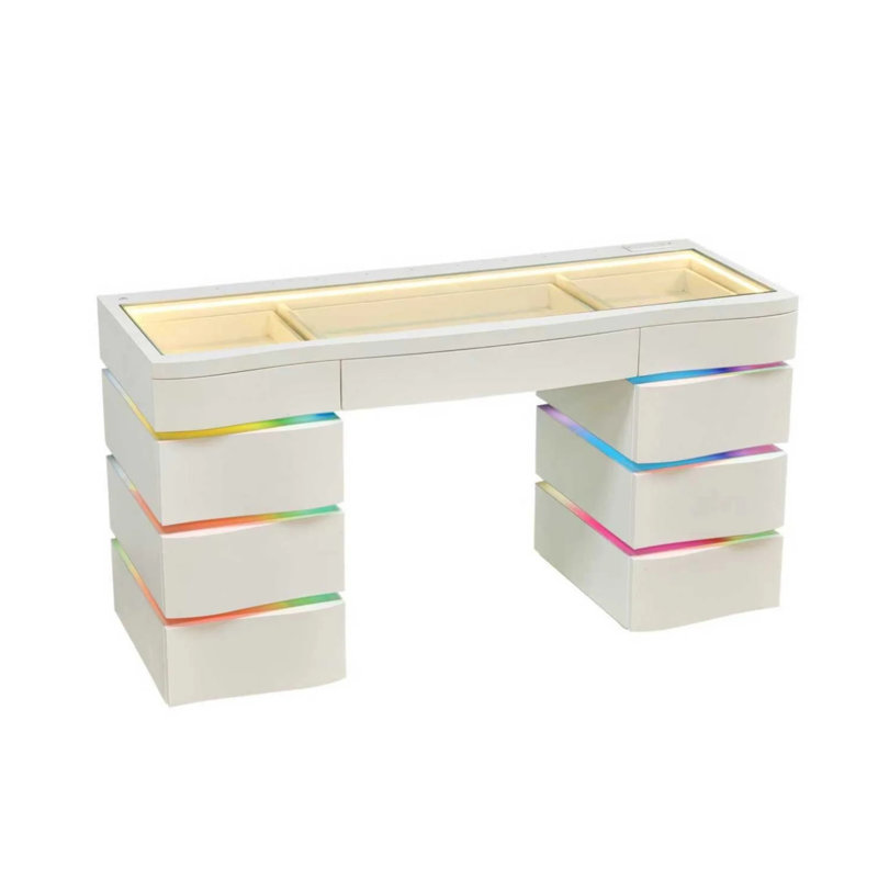 Meuble-lavabo avec lumière RVB, meuble-lavabo de table en verre avec plateau de rangement amovible à l'avant Slaystation, lumière de bande tricolore à DEL, conception de meuble-lavabo blanc à 9 tiroirs spacieux