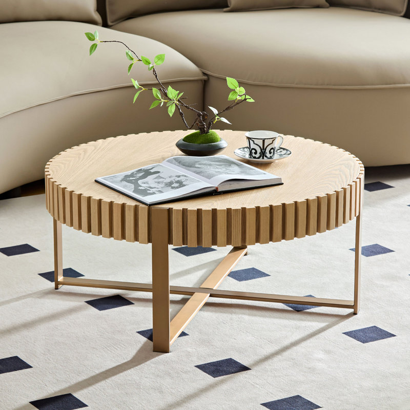 Modern Handcraft Drum Coffee Table With Sturdy Pedestal , Versatile For Any Room., Natural, Gold