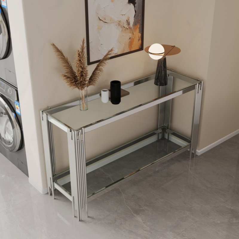 Console et miroir en verre trempé double couche supérieure et inférieure, H 29,53 po x l 47,24 po x P 15,75 po, Clair