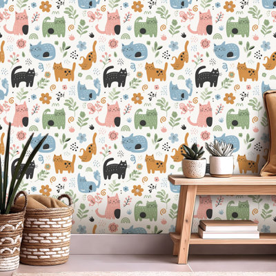 Peel and Stick Wallpaper Contact Paper Seamless cute cartoon cat plant for fabric print textile gift colorful Self Adhesive and Removable 24in x 118in(60x300cm)