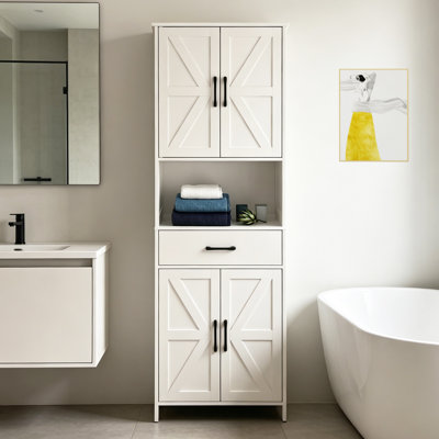 Tall Freestanding White Linen Cabinet with 2 Upper Doors, 1 Large Drawer, 1 Open Shelf & 2 Lower Doors –Adjustable Shelves，White Bathroom Storage Cabinet