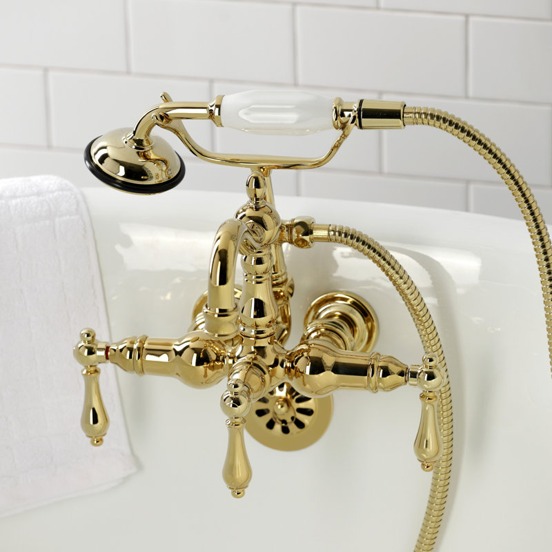 Kingston Brass Heritage Three-Handle 2-Hole Tub Wall Mount Clawfoot Tub Faucet with Hand Shower, Polished Brass