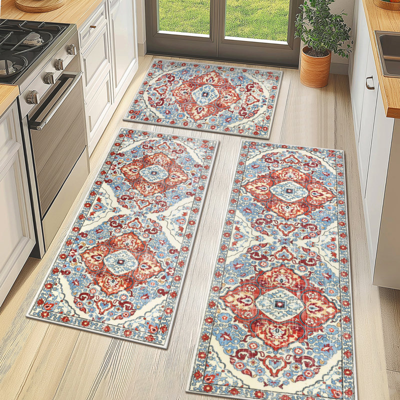 Machine Washable Non-Slip Kitchen Mat, Red/Blue