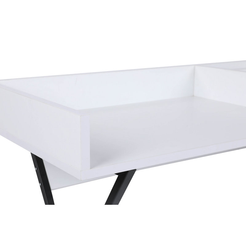 Modern Make-Up Table with Mirror, White & Black, 39.4 x 19.7 x 15.4 inches | 100% Melamine Coated Particle Board, Metal Legs | Numerous Shelves, Wall-Mountable | Stylish & Functional Design for Beauty Lovers