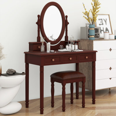Coiffeuse classique avec 5 tiroirs, miroir ajustable et tabouret rembourré Classic