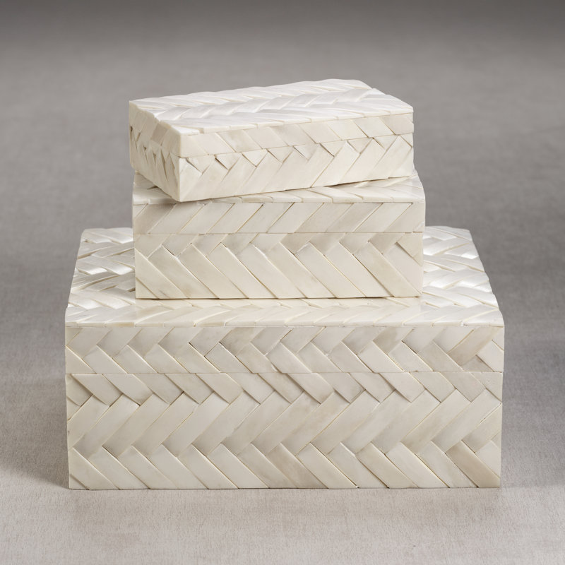 Medium White Bone Chevron Pattern Lidded Box