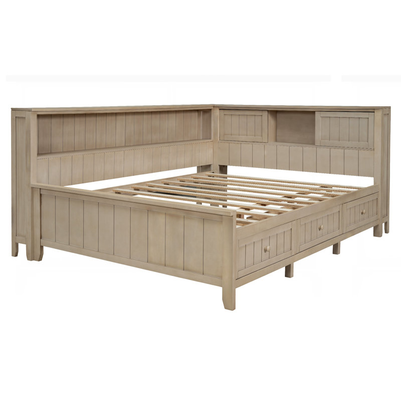 Lit de jour en bois avec tablettes de rangement et 3 tiroirs, Double