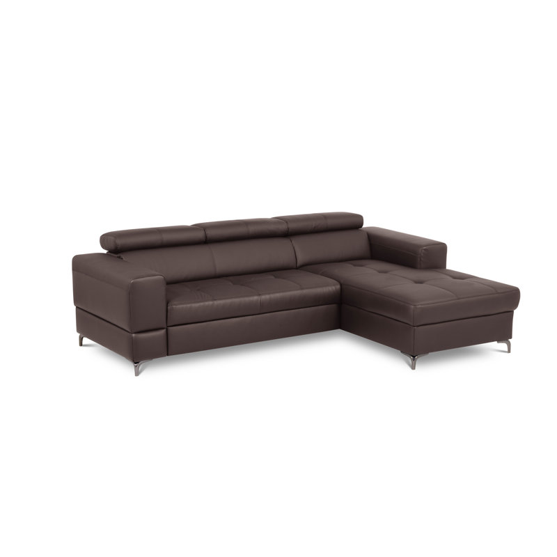 Tinos Genuine Leather Corner Sofa with Pull Out Bed with Storage and Adjustable Headrests, Right Hand Facing, Brown
