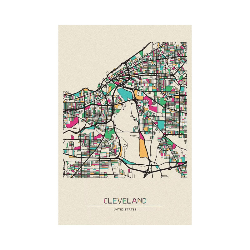 «Cleveland, Ohio Map» par Ayse Deniz Akerman - impression sur toile tendue, H 26 po x l 18 po x 1,5 po