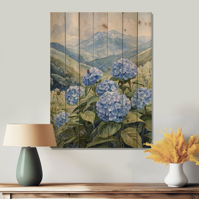 Hortensias dans la prairie de montagne I - Art mural en bois d'hortensias - sur bois de pin naturel