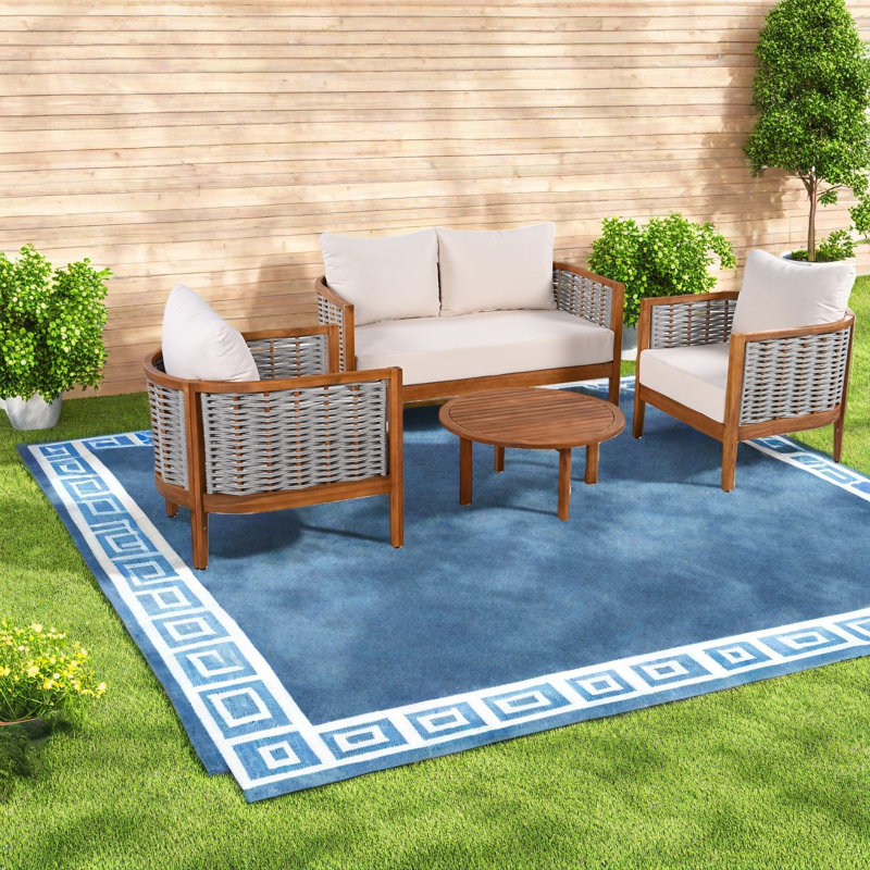 Modern Teak Wood Patio Sofas Set With Beige Cushions For Outdoor Spaces