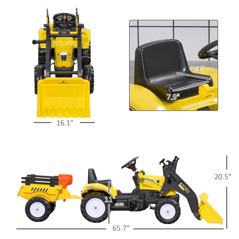 Yellow Pedal-Controlled Kids Ride-On Excavator with Trailer