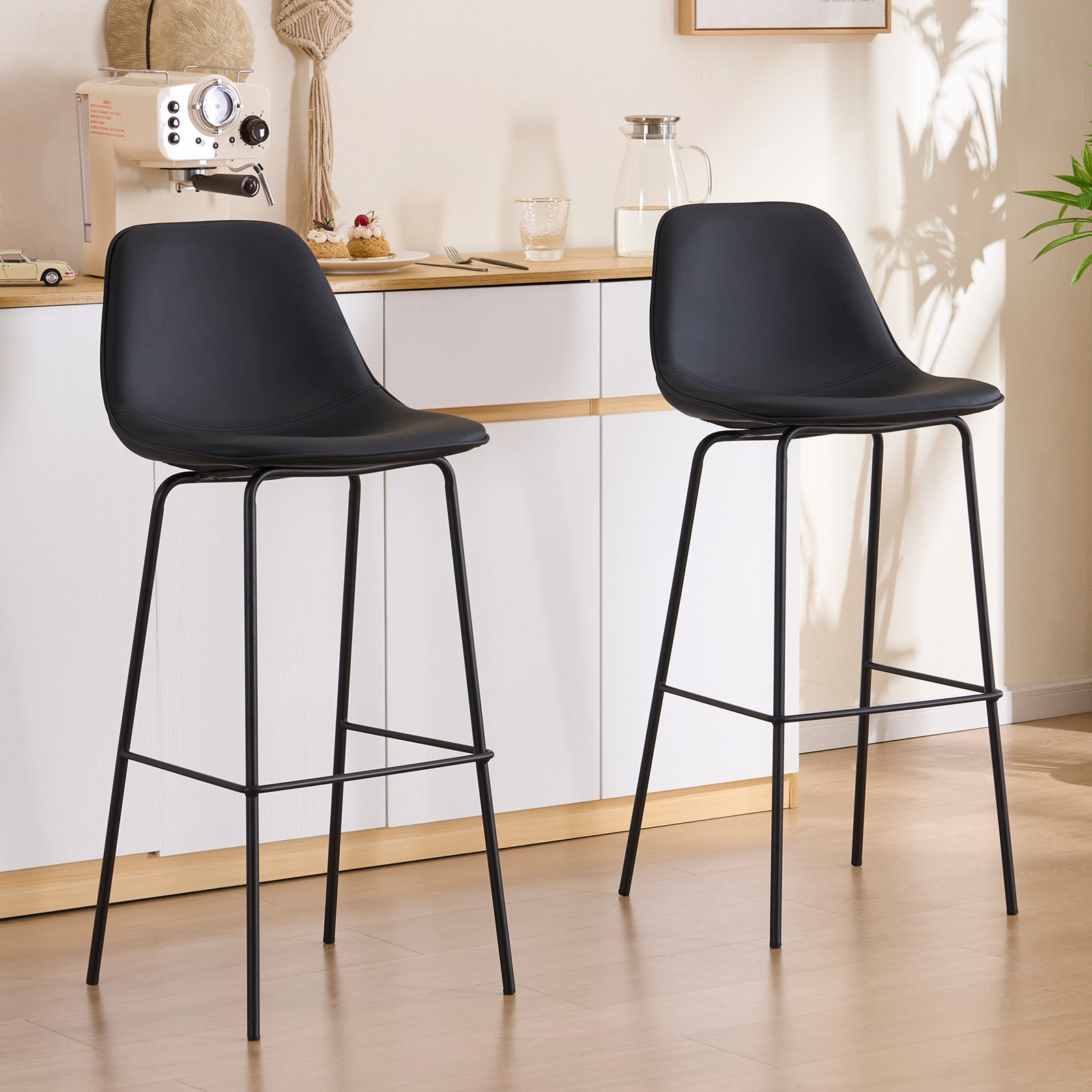 Kavi Bar Stool, Bar Stool (30" Seat Height), Black Faux Leather